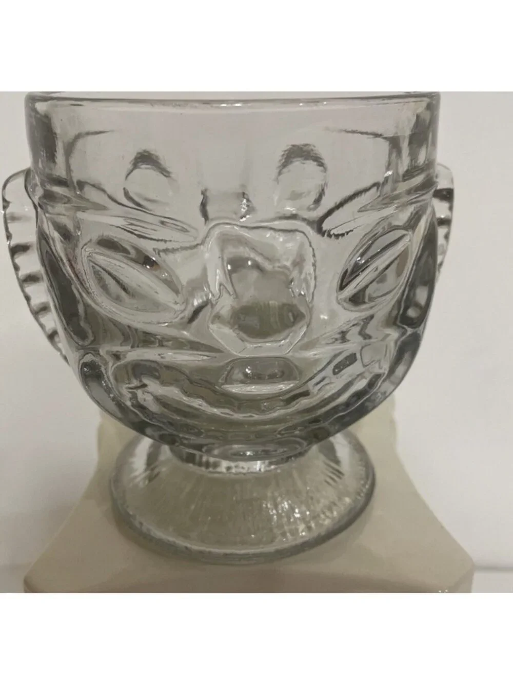 Glass Hawaiian Tiki Mug with Happy Face on 1 Side & Sad/Angry Face on 2nd Side